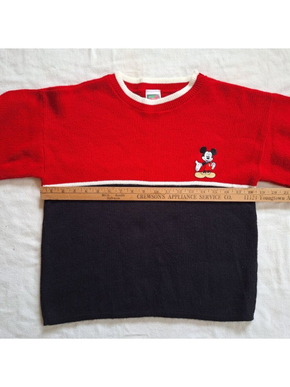 Mickey Unlimited Sweater L Vintage 90s Embroidered Patch Red Black Kids Large - Picture 7 of 14